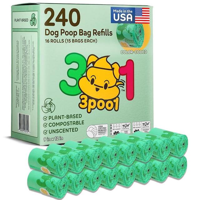 Poop Bags for Dogs - Pack of 240 (16 Rolls) Certified Compostable Dog Poop Bags Rolls Unscented Refill, Leak Proof Extra Thick Dog Waste Bag, Eco Friendly Plant Based Color Coded Poo Bag, Made in USA