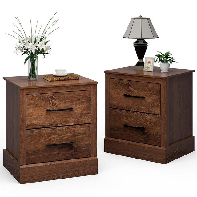 Giantex Farmhouse Nightstand Set of 2, Wood Bedside Table with 2 Storage Drawers, Compact Floor Night Stand End Table, Walnut Accent Sofa Side Table for Bedroom