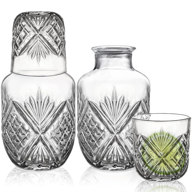 Suwimut 4 Pieces Bedside Water Carafe and Glass Set for Bedroom Nightstand, 18 OZ Vintage Night Water Carafe with Tumbler Cup, Glass Mouthwash Decanter for Bathroom, Glass Juice Water Pitcher Set