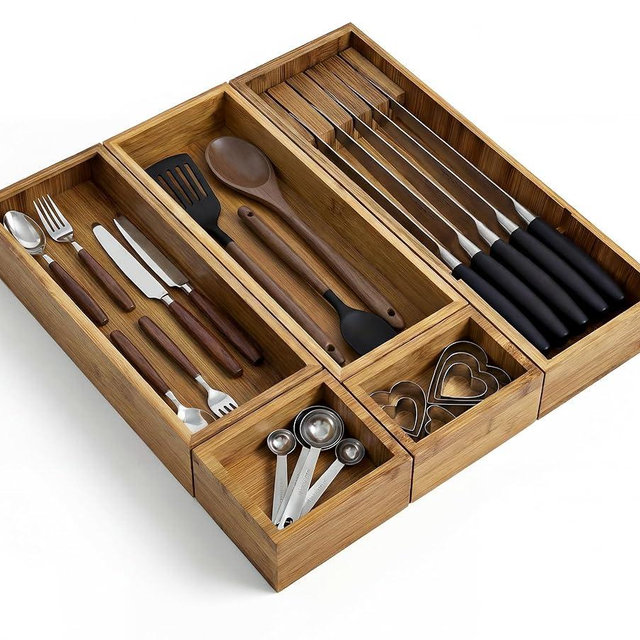 KOCWELL Bamboo Silverware Drawer Organizer with Knife Block, 5 Removable Drawer Organizer Bins - Multi-Use for Kitchen Utensils, Office, Makeup, Tools Storage