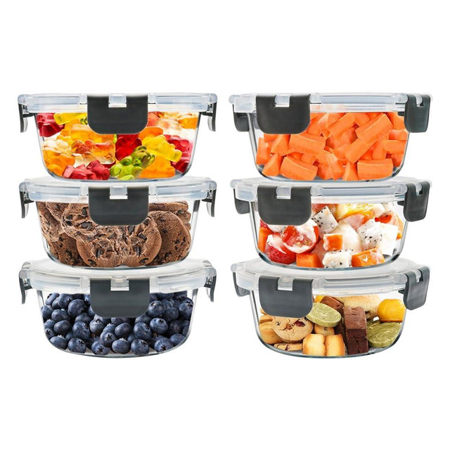 6Pack 13oz Glass Meal Prep Containers, Small Round Glass Food Storage Containers Sets with Snap Leak Proof Lids for Microwave, Freezer and Dishwasher Safe (Grey, 13oz)