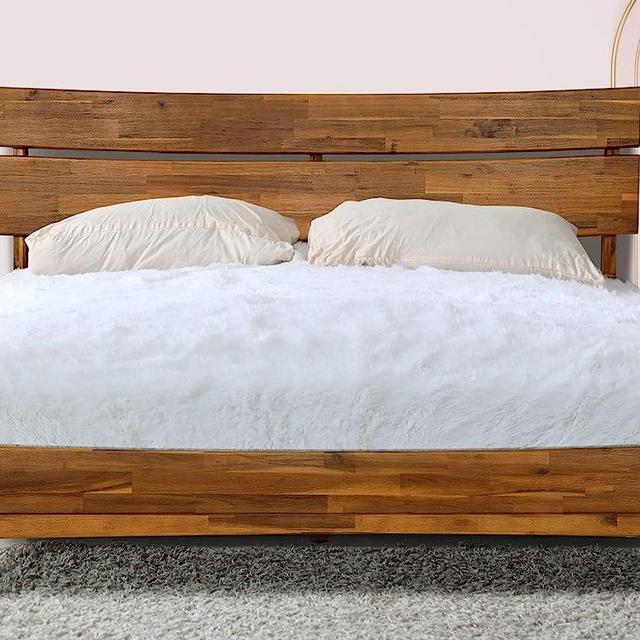 Acacia Aurora Bed Frame with Headboard Solid Wood Platform Bed, Scandinavian Signature High Headboard Wood Bed Compatible with All Mattress Types, 30 Mins Assembly, Queen Bed Frames, Caramel