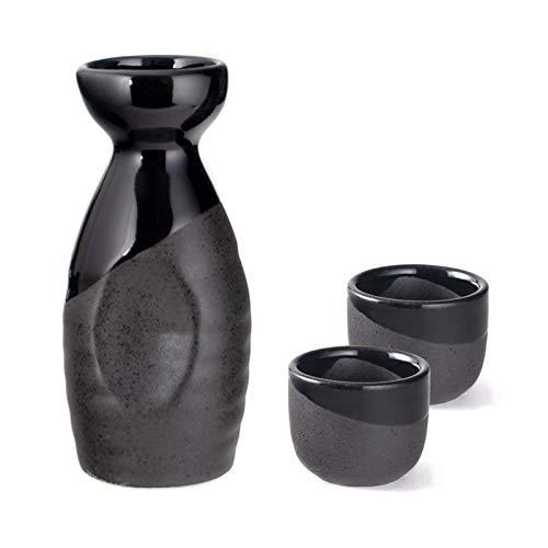 Hinomaru Collection Ichigo Sake Set Tokkuri 5 fl oz Bottle with Two Sake Ochoko Cups 2 fl oz Reactive Glaze Ceramic (Black)