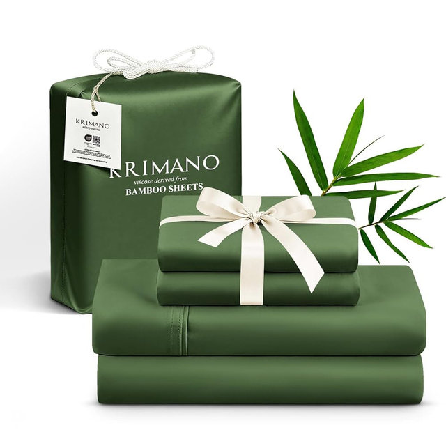 KRIMANO California King Size Sheet Set, Viscose Bamboo Sheets for Bed Set 4pcs, 100% Viscose Derived from Bamboo, Hotel Luxury Silky & Cooling for Hot Sleepers, Deep Pocket Up to 17", Olive