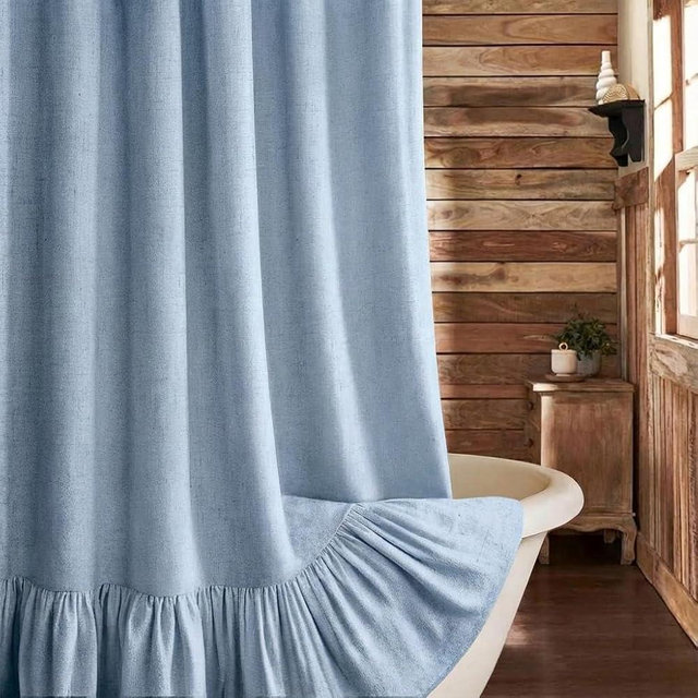 XOGUIBO Farmhouse Shower Curtain with Ruffle Hem Linen Flax Blue Grey Shower Curtains for Bathroom Country Vintage Rustic Natural Fabric, 72" W x 72" L