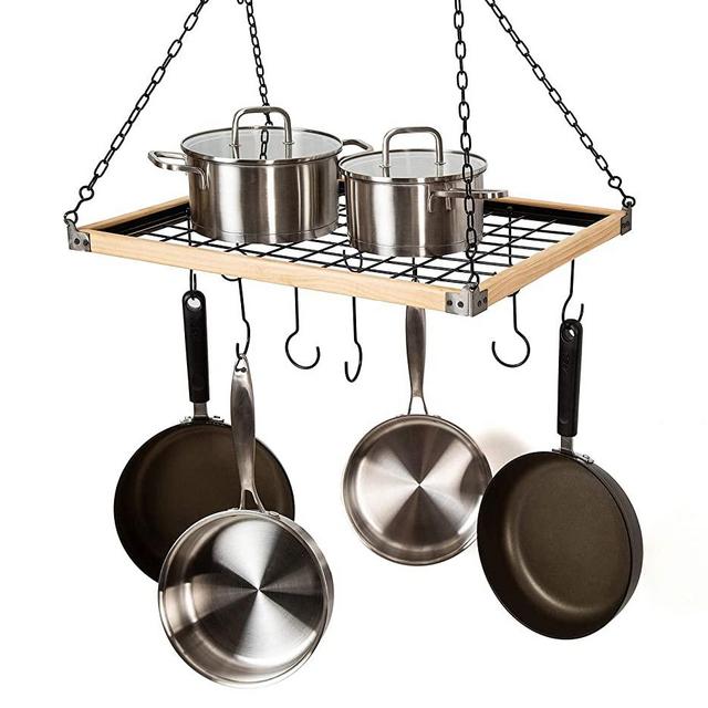 Soduku Pot Pan Rack with Shelf Grid, Ceiling Mounted Hanging Multi-Purpose Wood & Metal Cookware Hanger Organizer Kitchen Storage with 10 Hooks