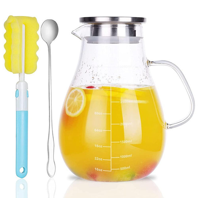 Glass Pitcher, Glass Water Pitcher with Tight Stainless Steel Lid, 108oz/3.2L, Heat Resistant Borosilicate Glass Carafe, Long Handle Cleaning Brush and Mixing Spoon, Temperature Safe