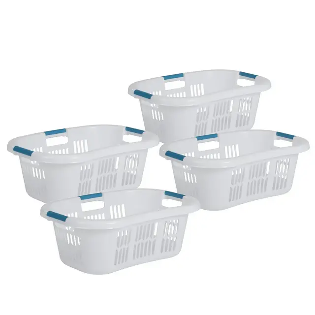 Rubbermaid Small Laundry Basket, 2.1 Bushel Bedroom Hamper, Hip-Hugger Plastic Clothing Bin with Carrying Handles, White, 4 Pack