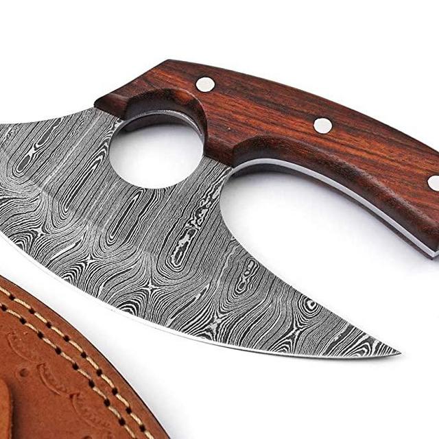 Handmade Damascus Steel alaskan Ulu Knife - Fixed Blade knife for Chopping Boning Slicing Cutting ,Solid Rose Wood Handle with Leather Sheath