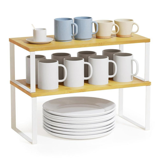 SpaceAid Cabinet Shelf Organizers 2 Pack, Kitchen Counter Rack Shelves Riser, Stackable Expandable Spice Rack, Pantry Cupboard Storage Organization (White and Natural, Long)