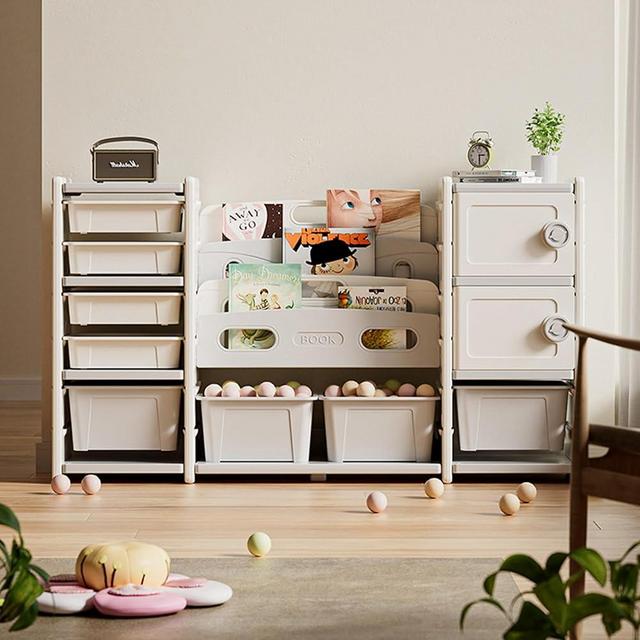 Runboll Kids Toy Storage Organizer with Bookshelf, 8 Bins and 2 Cabinet, Multi-Purpose Children's Toy Shelf Organizer with Bins for Playroom, Bedroom, Nursery, Living Room