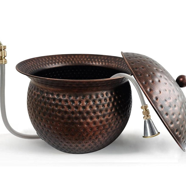 BSTGIFTS Garden Hose Holder Pot with Lid - Hose Storage Pot with Copper Finish and Hammered Accent - Stell Water Hose Container, Water Hose Hider Outdoor or Indoor Use