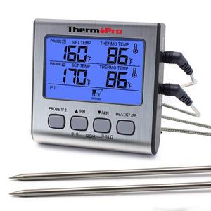 ThermoPro TP-17 TP17 Dual Probe Digital Cooking Meat Large LCD Backlight Food Grill Thermometer with Timer Mode for Smoker Kitchen Oven BBQ, Standard, Silver