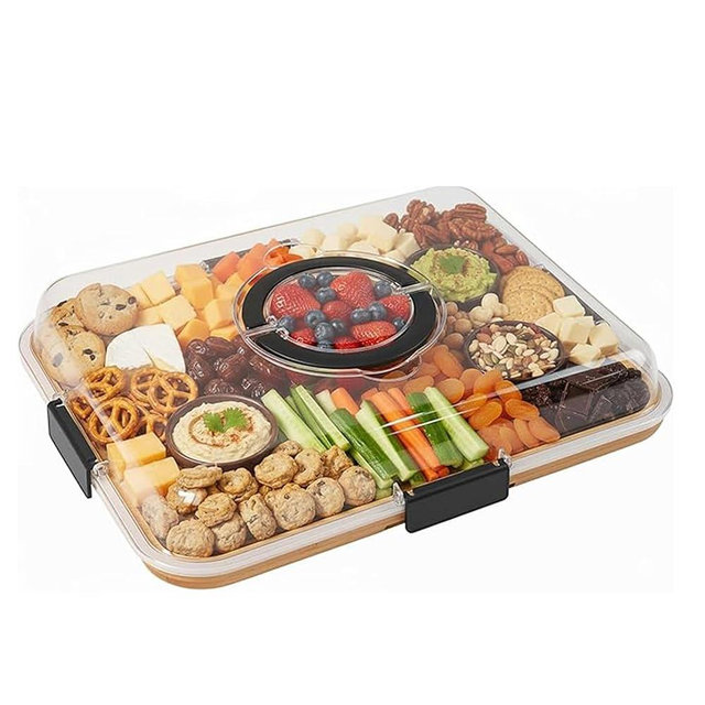 EZHA HOME Bamboo Charcuterie Board with Clear Lid, Portable Serving Tray with Handles and Compartments, Cheese Board & Snack Platter for Parties, Travel & Entertaining.