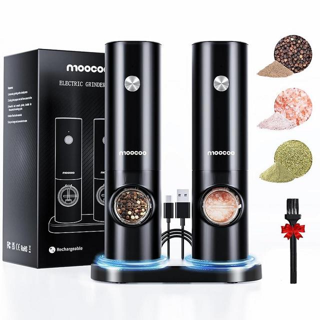 Electric Salt and Pepper Grinder Set with Charging Base and LED Light, Moocoo Automatic Salt Pepper Mill Grinder Rechargeable, Large Capacity, Adjustable Coarseness, One Hand Operated for Kitchen BBQ