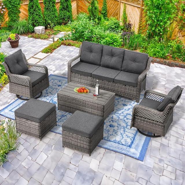 Suvivityse 6 Pieces Wicker Patio Furniture Set Conversations Sets, 2 Outdoor 360° Swivel Rocking Chairs, Patio Swivel Glider Chair with Table and Ottoman for Garden, Poolside, Backyard (Grey)