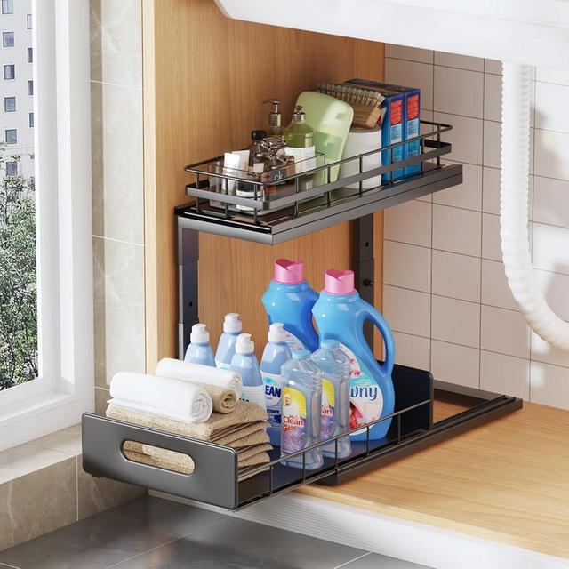 1 Pack Under Sink Organizer Upgrade to Professional Rails,2-Tier Dual Pull Out Cabinet Storage,Height Adjustable Slide Out Drawers for Bathroom Kitchen,Under Sink Shelf-Black