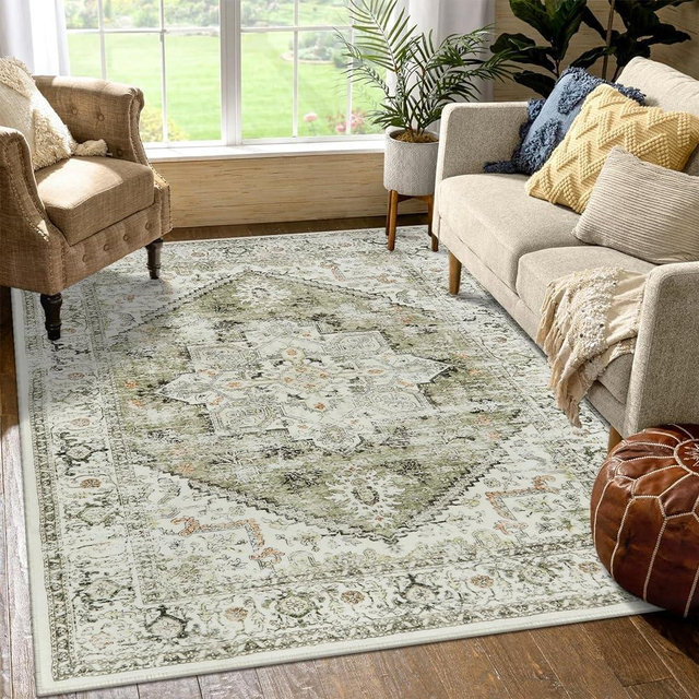 LIVEBOX Washable Area Rug 5x7 - Large Vintage Tribal Living Room Rug Vintage Non-Slip Indoor Rug for Bedroom,Low-Pile Retro Carpet Print Distressed Accent Rug for Nursery Entryway Office, Sage