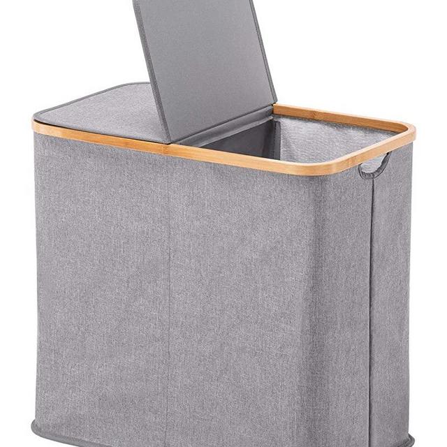 YOUDENOVA Double Laundry Hamper with Lid, Collapsible Dirty Clothes Basket with Handles, 2 Section Waterproof Clothes Hamper Storage for Bedroom, Dorm Room