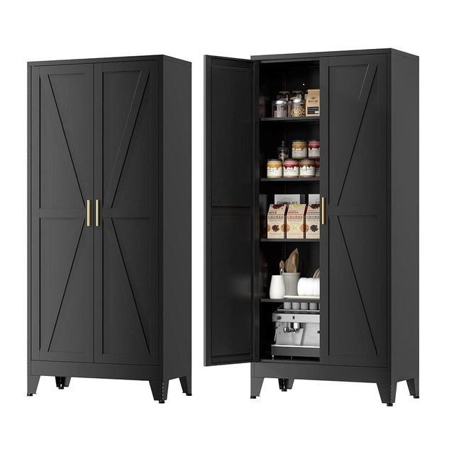 YNIQUESTLE Farmhouse Pantry Cabinet with Barn Doors, 71" H x 31.5" W, 5-Tier Metal Storage Cabinet with 4 Adjustable Shelves for Kitchen Garage Dining Room, Black