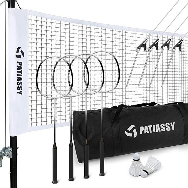 Patiassy Portable Badminton Set with Professional Badminton Net, 2 Goose Feather Badminton Shuttlecocks, 4 Badminton Rackets, Winch System and Carrying Bag for Backyard