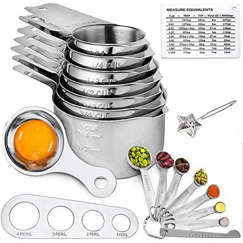 Stainless Steel Measuring Cups and Spoons Set of 19 Pieces - 7 Nesting Cups and 7 Stackable Spoons - Durable Professional Portable Kitchen Measuring Kit for Liquid Wet and Dry Ingredients