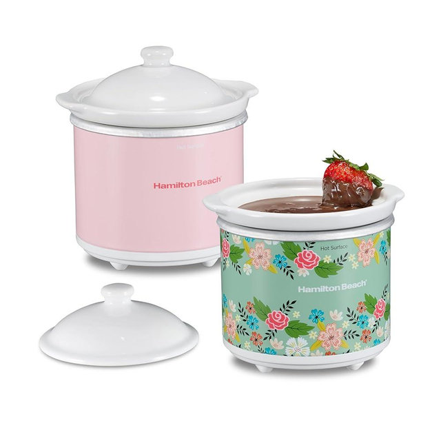 Hamilton Beach Party Dipper Electric Food Warmer Twin Pack, Great for Entertaining and Gifts, 20 oz. Capacity, For Desserts, Dips, Sauces, Cheeses, Solid Pink and Colorful Floral Print (33102)
