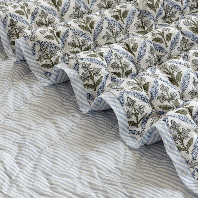 Hand Block Print Cotton Quilt: Blue Floral Meadow, Reversible Boho Bedding
