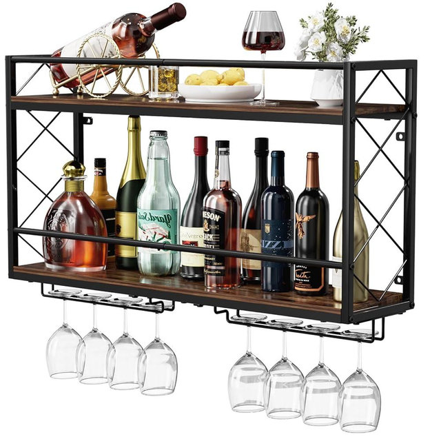 NEYCIL Wine Rack Wall Mounted 2 Tier Wall Wine Rack with Glass Holder, Double Layer Anti-Drop Crossbar, 31.5" Metal Wood Wall Mount Wine Holder for Home Kitchen Dining Room Coffee Shop Bar, Black