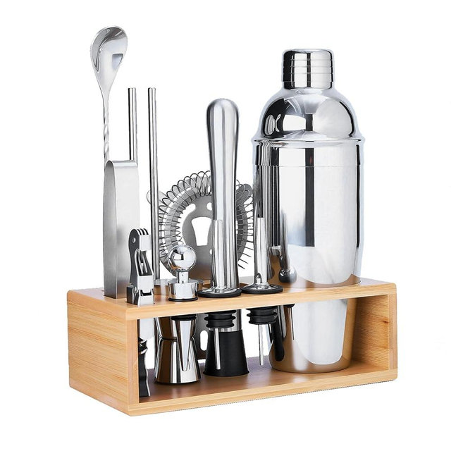TNGO Cocktail Shaker Set Bartender Kit - Mixology Bar Kit with Natural Stand - Premium Home Bar Tool Set All Bar Accessories Includes Drink Mixer, Muddler, Jigger, Strainer, Bar Mixer Spoon