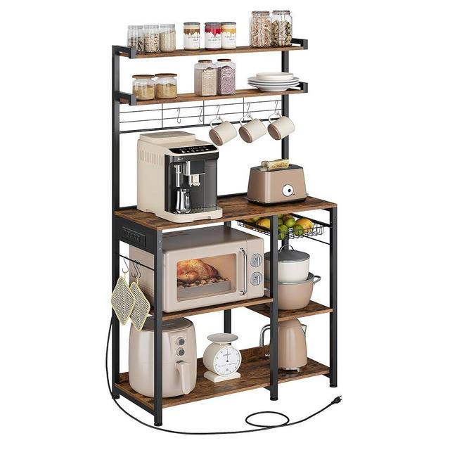 VASAGLE Bakers Rack with Power Outlet, 35.4 Inches Microwave Stand, Coffee Bar, 4 AC Outlets, with Adjustable Shelves, 8 S-Hooks, Basket, Spice Racks, Rustic Brown and Ink Black UKKS031K01