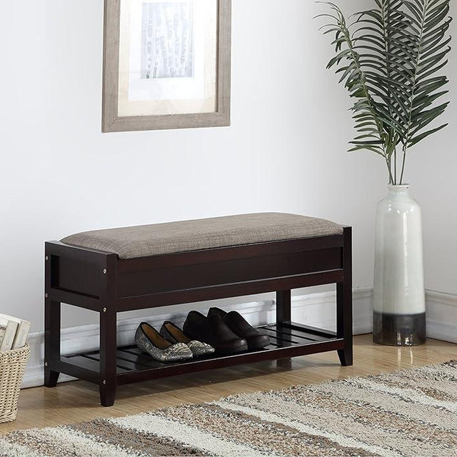 Roundhill Furniture Rouen Espresso Seating Bench with Shoe Storage,