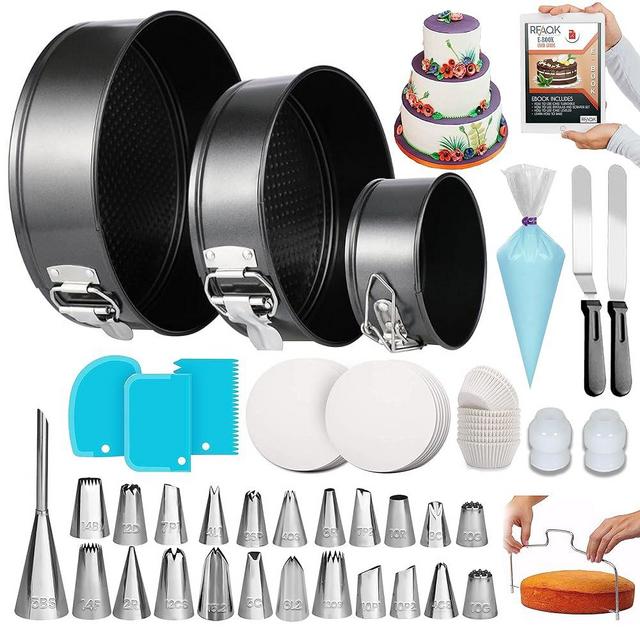RFAQK 150PCs Cake Pan Set for Baking + Cake Decorating: 3 Round Non Stick Springform Pan Set (4, 7, 9 inches),24 Icing Tips,Cake Leveler–Multi-functional Leak-Proof Cake Pans & eBook