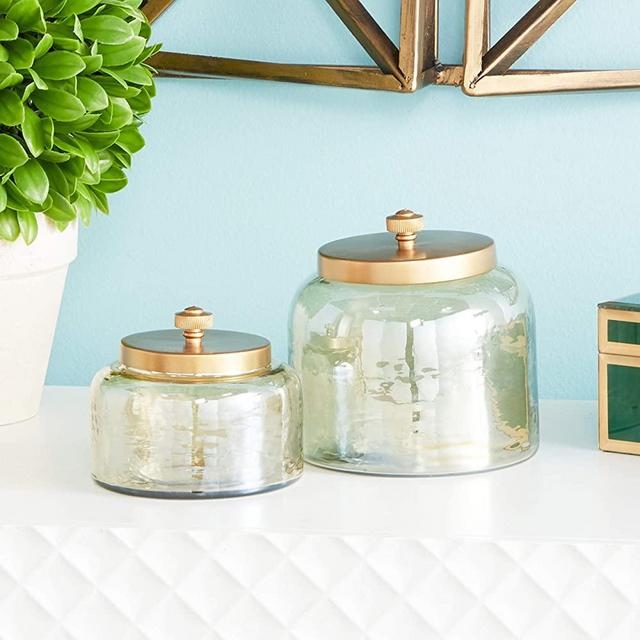 CosmoLiving by Cosmopolitan 94968 Small, Round, Decorative Gold Smoked Glass Jars with Bronze Metal Lids | Set of 2: 5” x 5”, 4” x 4”