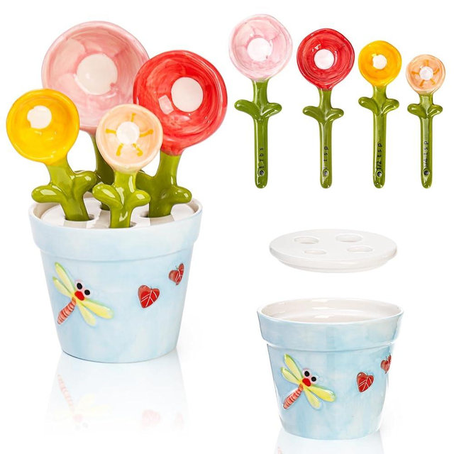 Coloch 5Pcs Ceramic Measuring Spoons and Cup, Flower Baking Measuring Spoons with Base Decorative Cute Cooking Spoons Set for Baking, Milk, Sugar, Salt, 1/4 tsp, 1/2 tsp, 1 tsp, 1 Tbsp