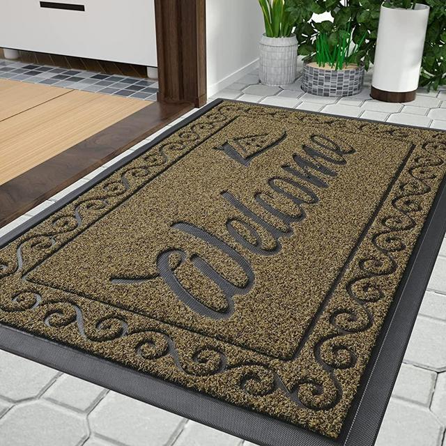 Yimobra Welcome Front Door Mat, Heavy Duty Easy Clean Doormat Indoor Outdoor, Waterproof Quick Dry Floor Mat for Home, Garage, Hign Traffic Areas, Non Slip, Low Profile, 29.5X17 Inches, Beige Brown
