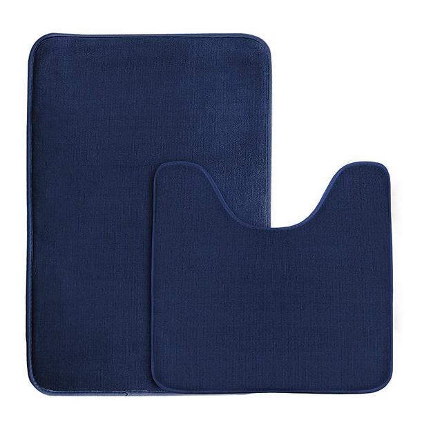 Bath Mat Memory Foam Set Bathroom Rug Set Flannel Velvety Bath Mat Luxury Extra Soft and Absorbent Non Slip Rugs for Bathroom/ Bedroom Washable(Curved Set 20"x 32" Plus 20"x 20"U, Navy)