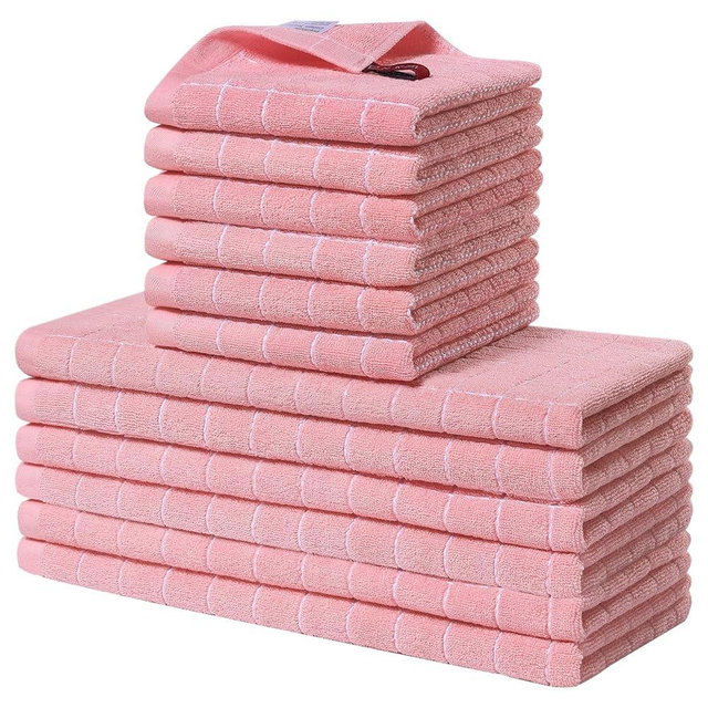 Homaxy Kitchen Towels and Dishcloths Set, 12 x 12 and 13 x 28 Inches, Set of 12 Bulk Cotton Terry Kitchen Towels Set, Checkered Designed, Soft and Super Absorbent Dish Towels, Pink