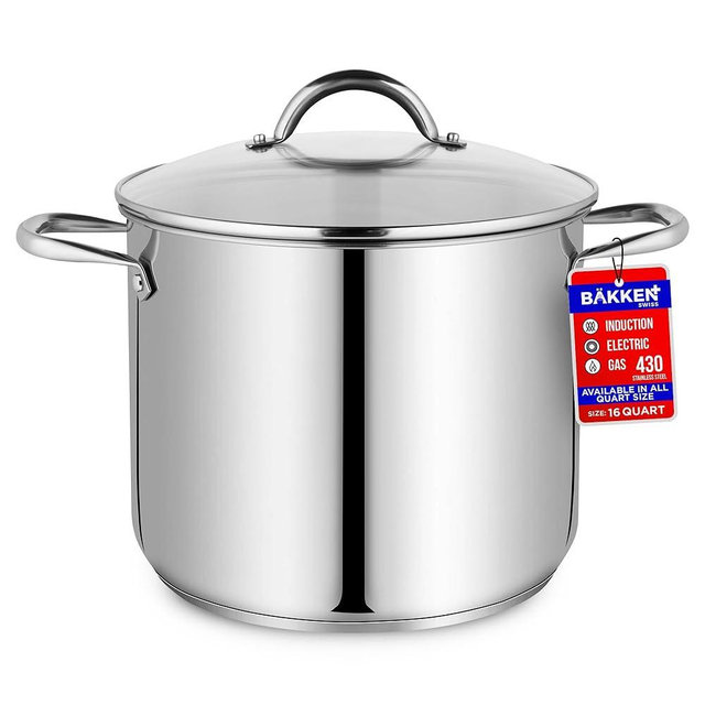 Bakken-Swiss Deluxe 16-Quart Stainless Steel Stockpot w/Tempered Glass See-Through Lid - Simmering Delicious Soups Stews & Induction Cooking - Exceptional Heat Distribution - Heavy-Duty & Food-Grade
