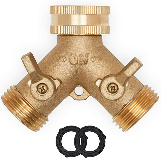 Morvat Heavy Duty Brass Garden Hose Connector Tap Splitter (2 Way) – New and Improved - Outlet Splitter, Hose Splitter, Hose Spigot Adapter with 2 Valves, Plus 2 Extra Rubber Washers