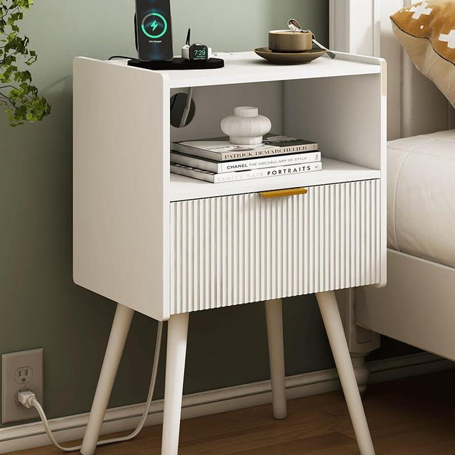JOONEE White Nightstand with Outlet,Modern Bedside Table with Storage Drawer and Open Wood Shelf, for Living Room, Bedroom and Small Spaces, Accent Night Stand with Solid Wood Legs, Easy Assembly