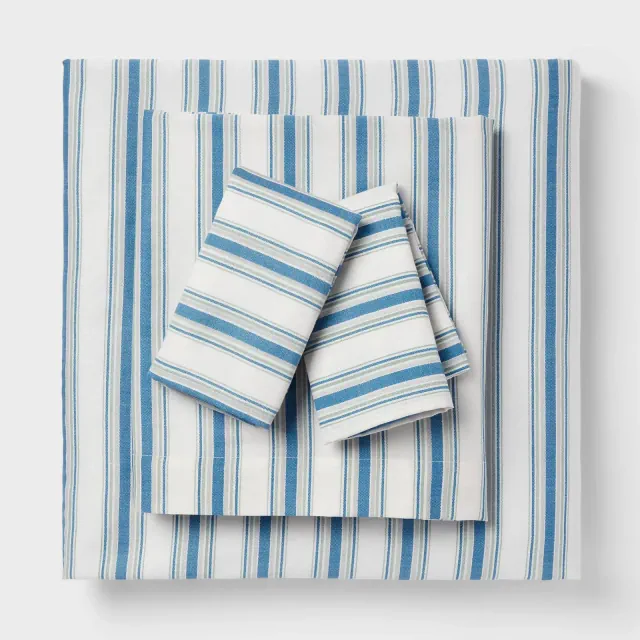 Queen Cotton Blend Sateen Sheet Set Blue/Green Textured Stripe - Room Essentials™