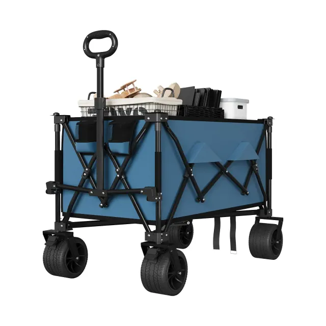 Wagon Cart Foldable with 350lbs Weight Capacity, Heavy Duty 280L Folding Utility Garden Cart for Beach, Camping, Outdoor, Blue