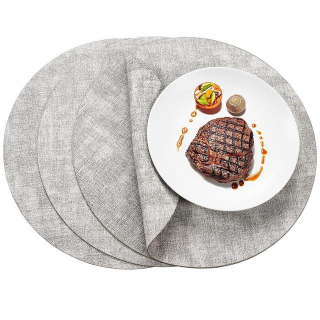 Fyvva Round Placemats Set of 4, Reversible Faux Leather Place Mats Indoor Vinyl Table Mats Washable Wipeable Easy to Clean Heat Resistant Circle Placemat Outdoor Kitchen Dining Waterproof (Light Gray)