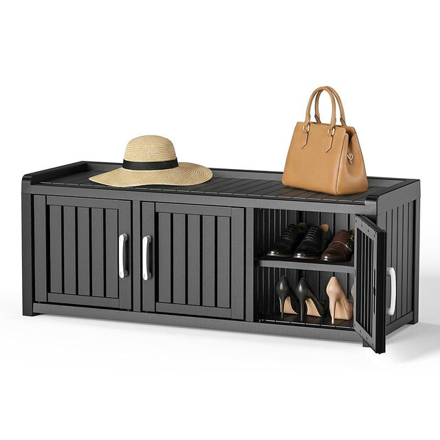 EFU Shoe Bench with Storage, Shoe Cabinet Indoor Outdoor with Adjustable Shelves, Waterproof Shoe Organizer with 3 Doors for Entryway, Bedroom, Living Room (Black)