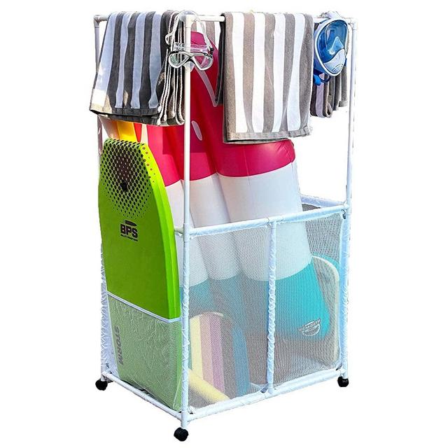 Essentially Yours Pool Equipment Holder with Towel Drying Bars, Mesh Rolling Double Decker Multi Use Storage Organizer Bin, 37" L x 28" W x 57" H, XXL, White Mesh/White PVC Style 418566