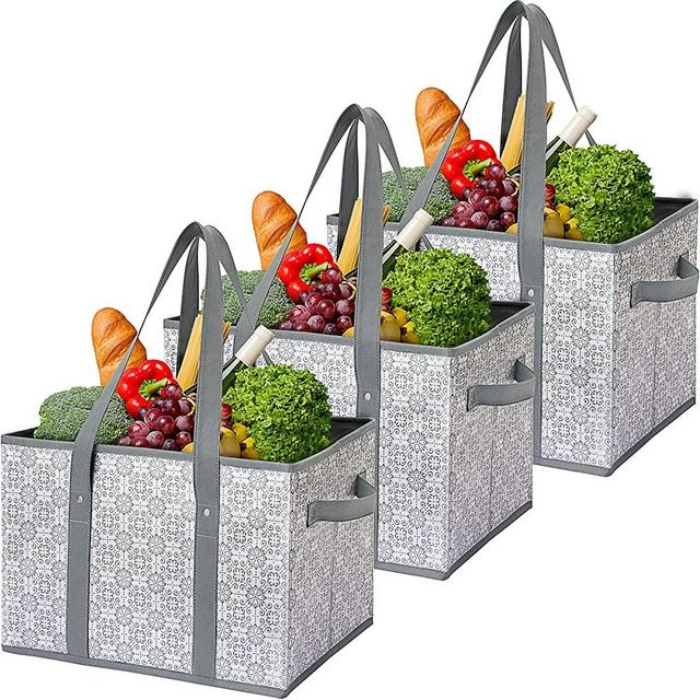 WiseLife Reusable Grocery Bags Shopping Bags [3 Pack],Water Resistant Foldable Collapsible Large Floral Utility Tote Bags Storage Boxes Cube Bins for Groceries, Clothes, Reinforced with Long Handles