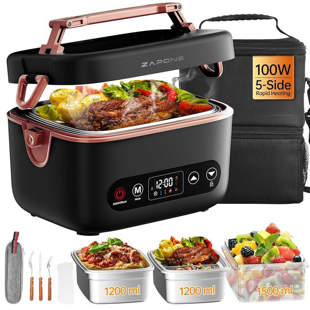 Zapone 2X1.2L Cordless Electric Lunch Box For Adults,6x4000mAh Rechargeable lunch box Upgared 100W 5D Surround Heat Tech,Food Warmer 220°F Max,with Dual Insulated Bag,BPA Free,Brown