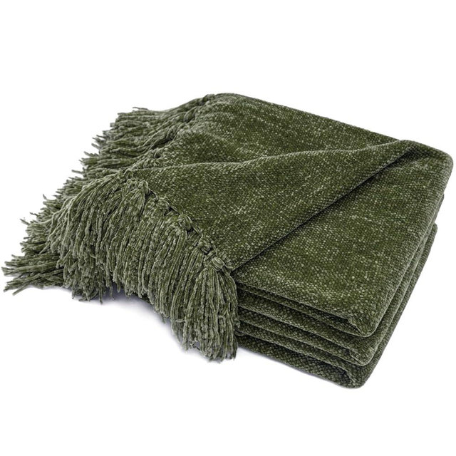 EVERGRACE Soft Chenille Throw Blanket for Couch, Cozy Plush Fuzzy Decorative Chenille Knit Throw Blanket with Tassels, Lightweight Blanket and Throws for Bed Sofa Gift Home Decor, Olive Green 60"x80"