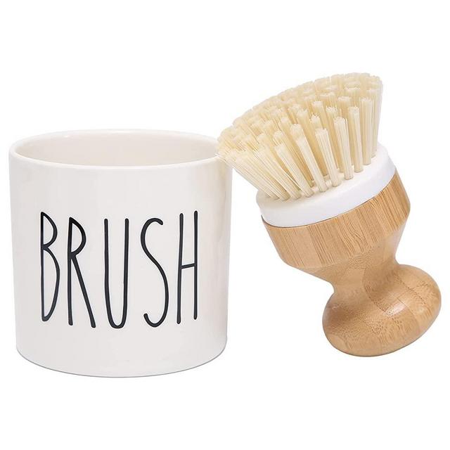 HOMCDALY Bamboo Dish Brush with Ceramic Dish Brush Holder, Kitchen Brushes for Dishes, Dish Scrub Brush, Kitchen Dish Scrubber with Soap Holder, Kitchen Scrub Brush Dishwashing Brush